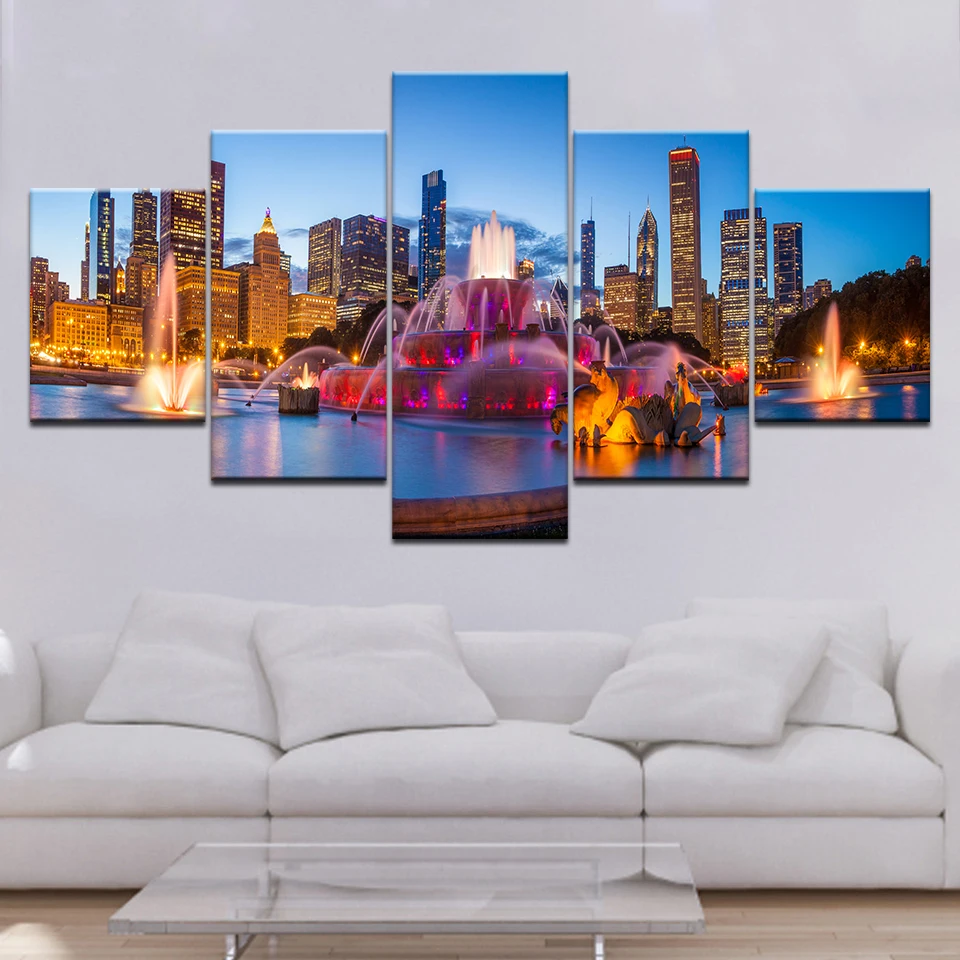 

Chicago Buckingham Fountain 5 Panels Wallpapers modern Modular Poster art Canvas painting for Living Room Home Decor