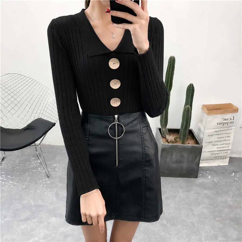 Fall Winter Women Knitting Full Sleeve Buttons Sweaters Pullovers Girls Knitted Tops Knitwear Clothing Woman