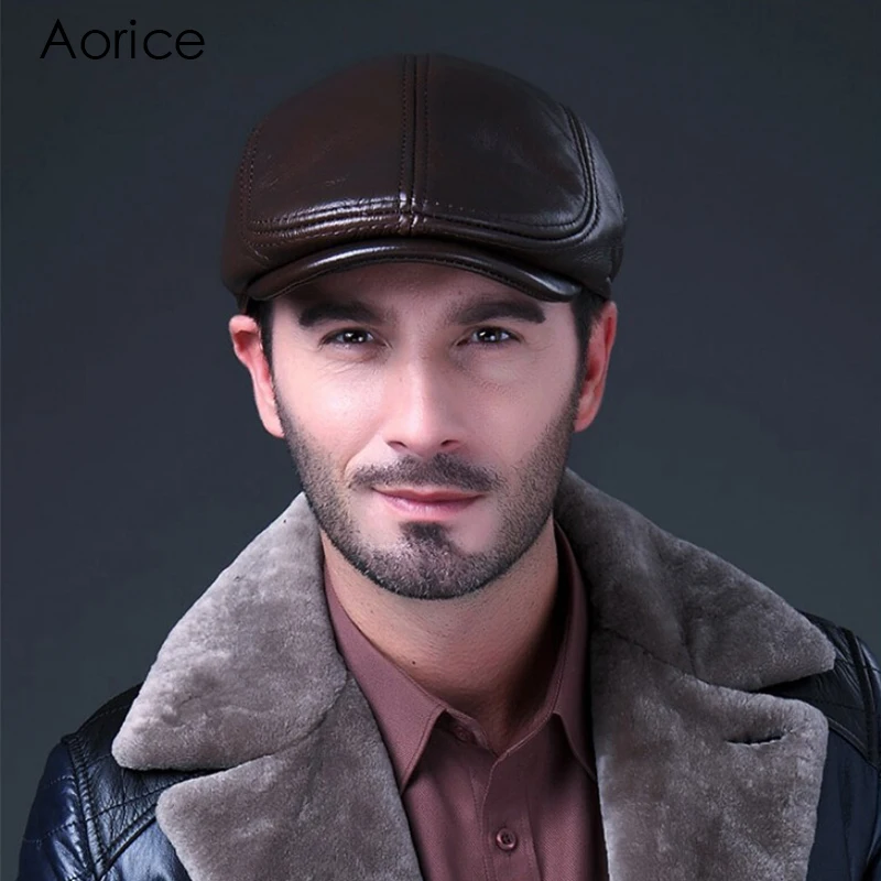 Aorice 2021 Autumn Winter News Men\'s Beret LBD BLACK Leather Style Flat Boy Cap Hat Cabbie Gatsby Hunting Golf HL042-2