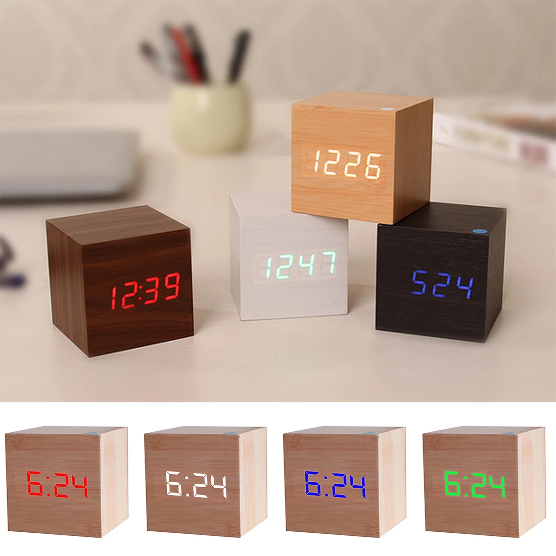 Wooden Digital Clock LED Voice Control Alarm Clock Thermometer Timer Calendar Table Desk Decoration Bedside Electronic Clocks