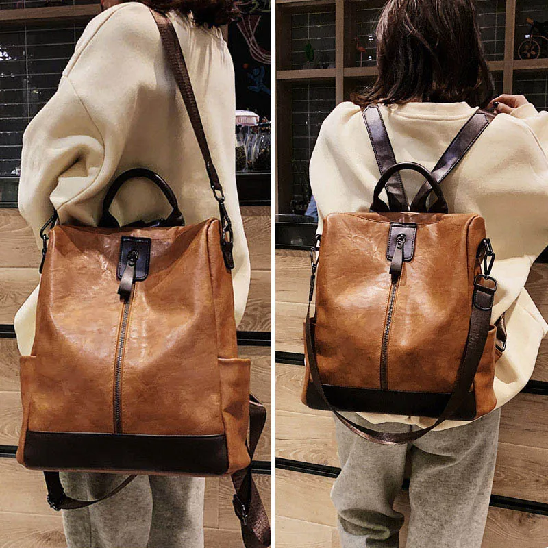 Vintage Women Leather Backpack Multifunction Soft Shoulder Bag For Female Big Bookbag Travel Bag Patch Sac A Dos Mochila XA279H