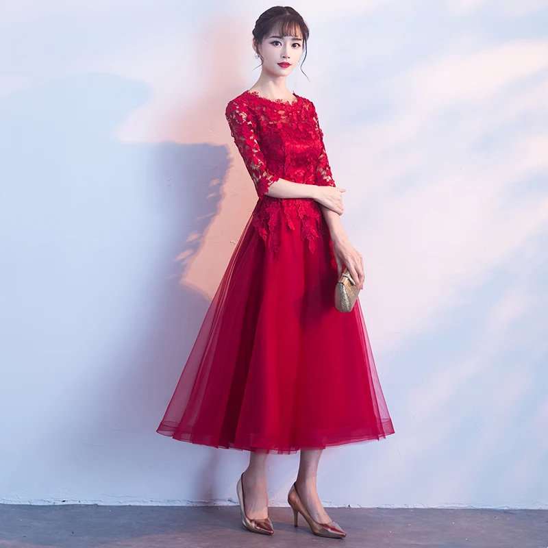 Robe de soiree Long Elegant Wine Red Lace O-Neck half sleeves Tulle evening dress A-Line vestido de festa party prom dresses