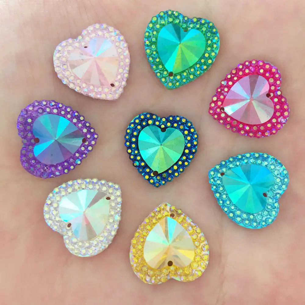 40PCS  shiny AB Resin 16mm heart  Flat back rhinestone scrapbook Wedding Embellishment diy 2 hole appliques