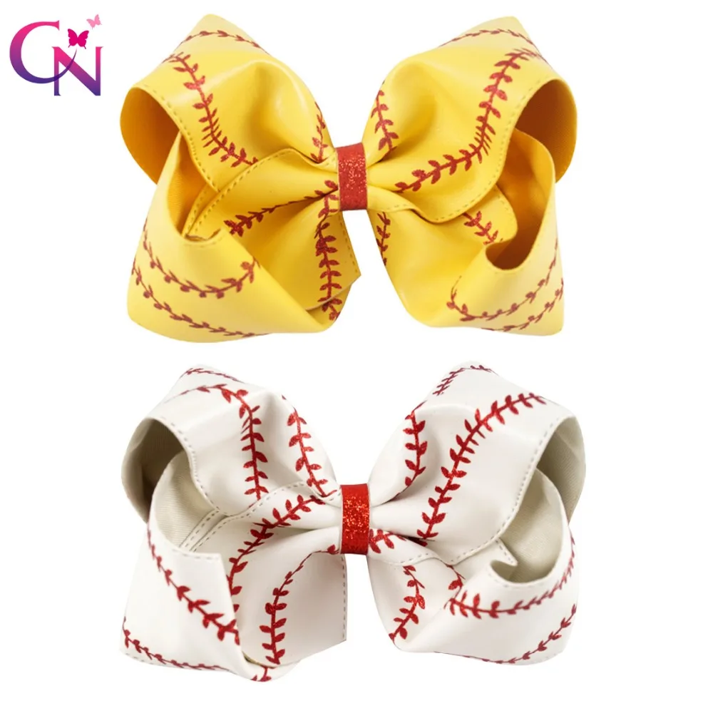 Grand nœud de Baseball en cuir avec pince à cheveux pour enfants, 7 pouces, fait à la main, paillettes, Softball, accessoires pour cheveux