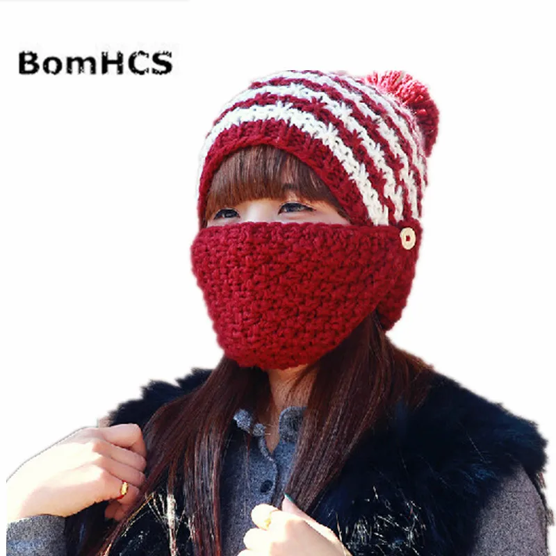 BomHCS Warm Autumn Winter Women Handmade Thickened Riding Windshield Mask Ear Muff Knitted Hat