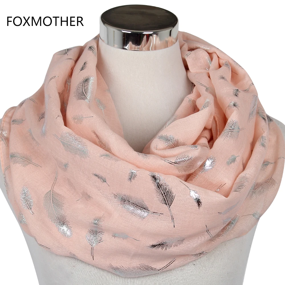 FOXMOTHER Free Shipping Fashion Womens White Navy Yellow  Bronzing Foil Silver Feather Ring Scarves Neck Scarf Glitter Foulard