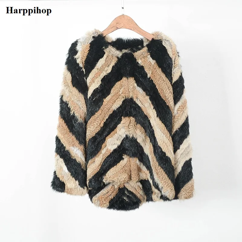 real rabbit fur jackets knitted Fur Outwear Made by two-color stripe real fur coat fur coats Wholesale and Retail Happihop new