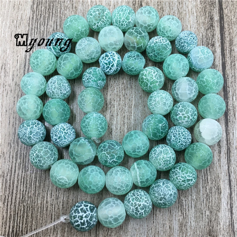 5Strands Round Matte Green Crackle Agates Loose Beads MY0196