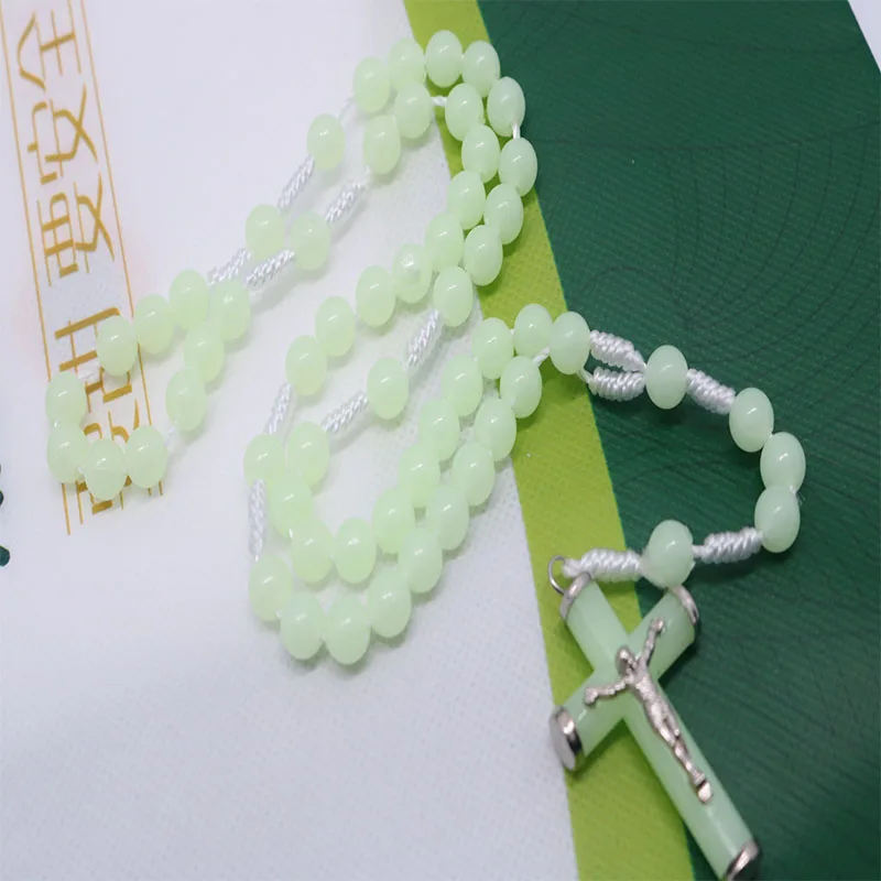 Classic 8mm braided rope rosary luminous necklace, Catholic holy cross prayer necklace, fashion woven rose necklace