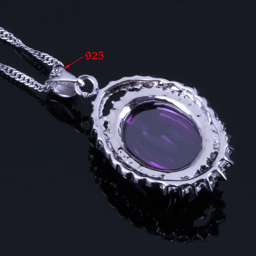 Shining Huge Oval Purple Cubic Zirconia White CZ Silver Plated Jewelry Sets Earrings Pendant Chain Ring V0266