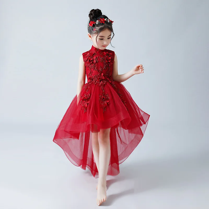 2019 elegante menina vermelha princesa jantar festa beleza bordado vestido menina dança desempenho festa princesa primeiro vestido de bola