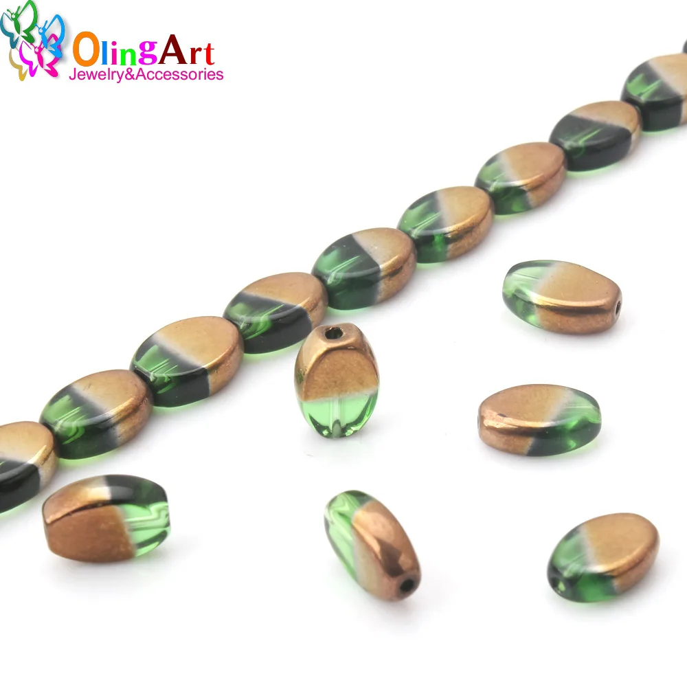 

OlingArt 12 * 8MM 10pcs/lot Glass Crystal green half copper plating Oval shape bead DIY Necklace Bracelet Jewelry Making
