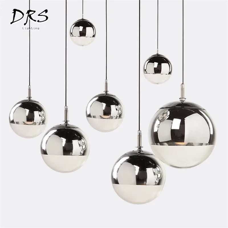 Nordic Gold/Sliver Glass Pendant Lights Silver Inside Mirror Pendant Lamp E27 LED Hanging Lamp Glass Ball Indoor Decor Home