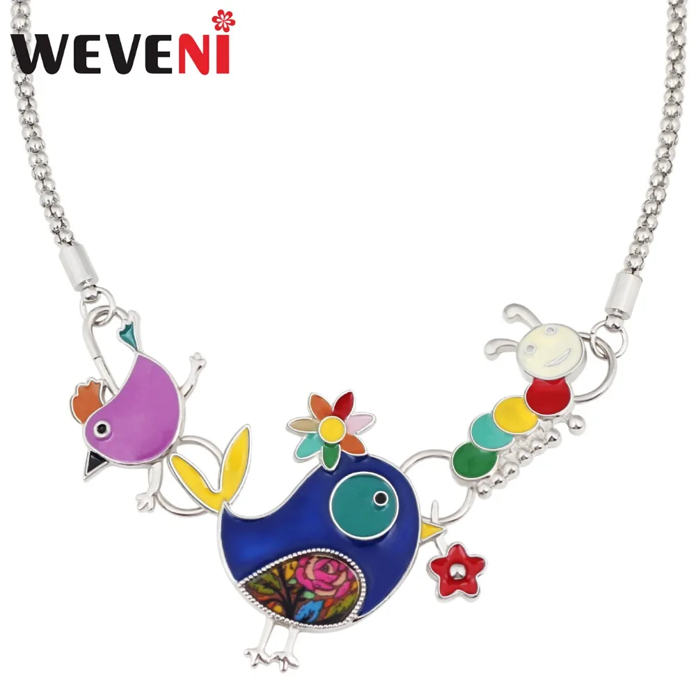 WEVENI Enamel Alloy Novelty Bird Flower Caterpillar Choker Necklace Pendant Cartoon Animal Jewelry For Women Girls Teens Gift