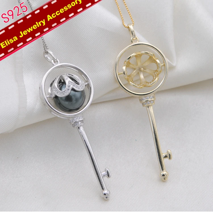 Keys Pendant Settings S925 Sterling Silver Pendant Findings Women DIY Pearl Jewelry Accessory Silver&Gold Color 3Pcs/Lot