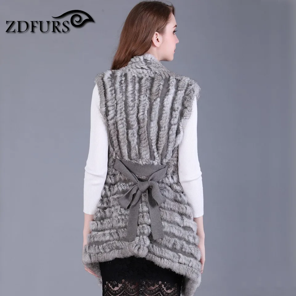 ZDFURS * Women Genuine Knitted Rabbit Fur Vests with belt sweater Waistcoat wholesale drop shipping