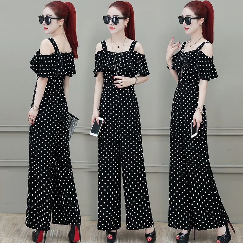 Polka Dot Jumpsuit 2019 Musim Panas Off Bahu Korea Overall Pinggang Tinggi BoHo Playsuit Elegan Celana Kodok untuk Wanita 2019 DD2155