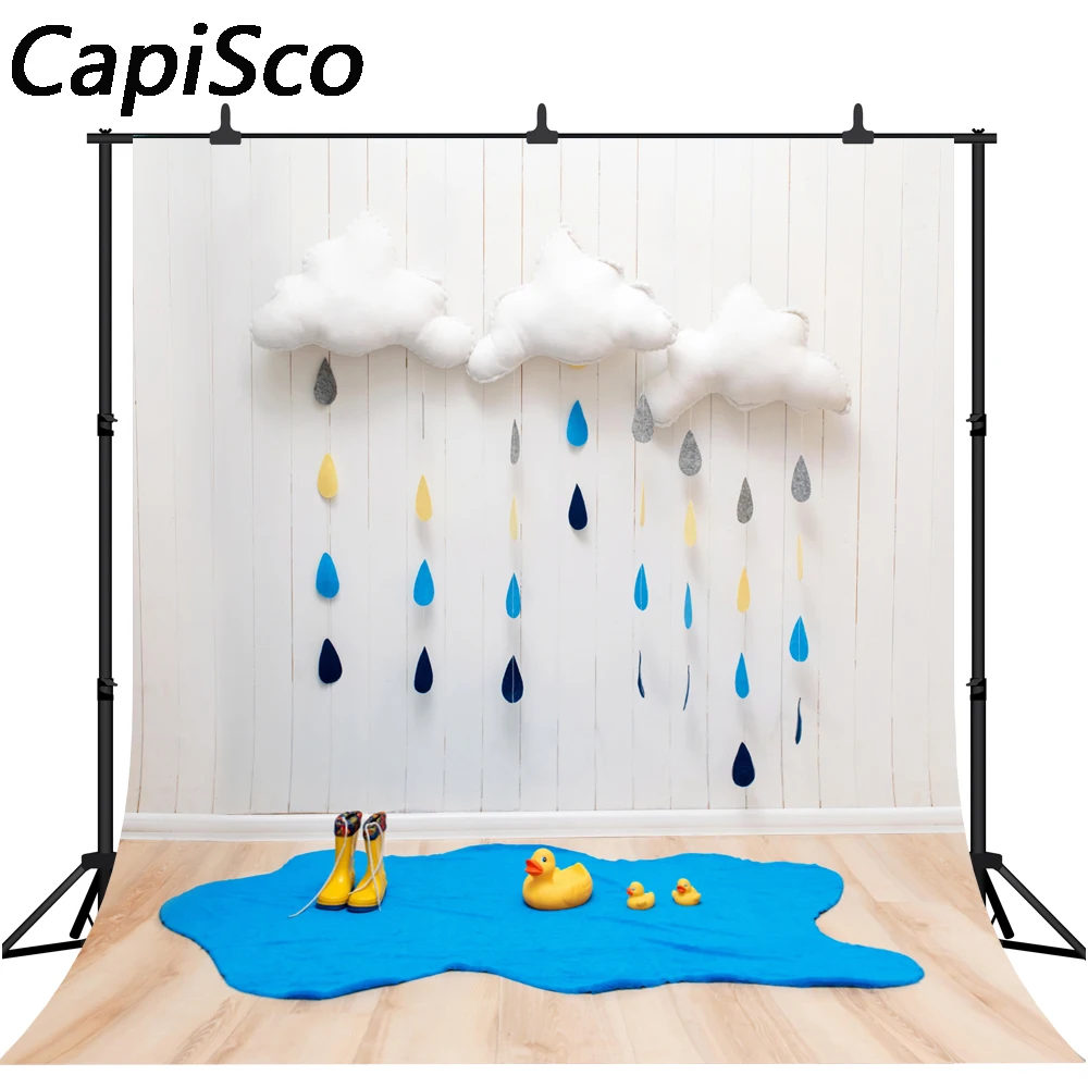 Виниловый фон для студийной фотосъемки детей в стиле каписко с изображением деревянного пола дождя облака желтой утки