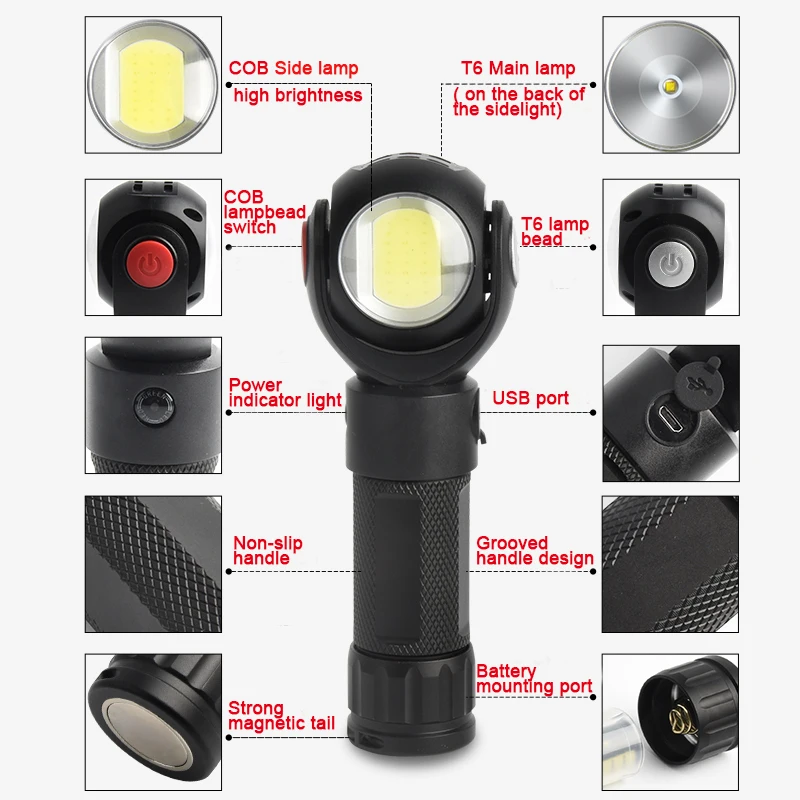 50pcs USB LED XML T6 and COB Magnetic flashlight 360° torch Flash light Lamp for built-in 26650 18650 battery Outdoor Sports