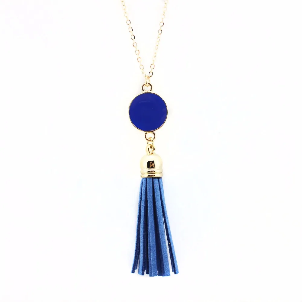 Monogram Enamel Disc Leather Tassel Long China Pendant Necklace for Women Fashion Jewelry