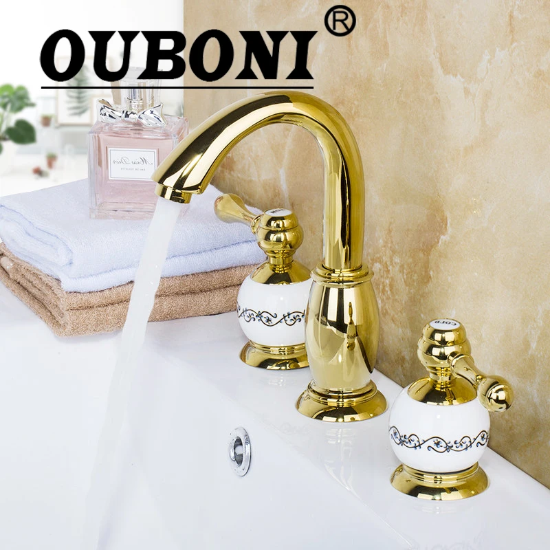 

OUBONI Luxury Golden Plated Bathroom Faucet Deck Mounted 3PCS Set Bathtub European Shower Basin Mixer Tap ceramic Faucet Body