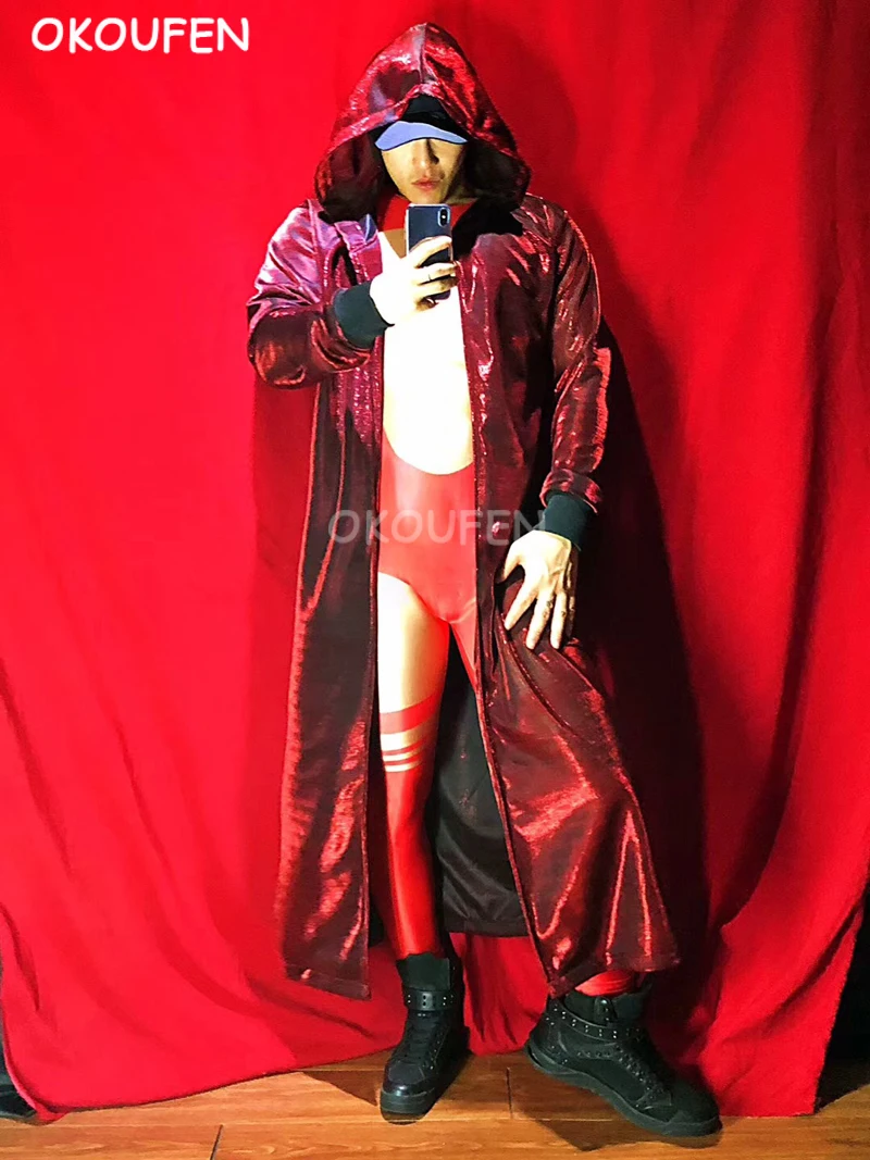 Bar Nightclub Male Singer DJ Red sequins Long Cloak Party Show Stage performance Costume