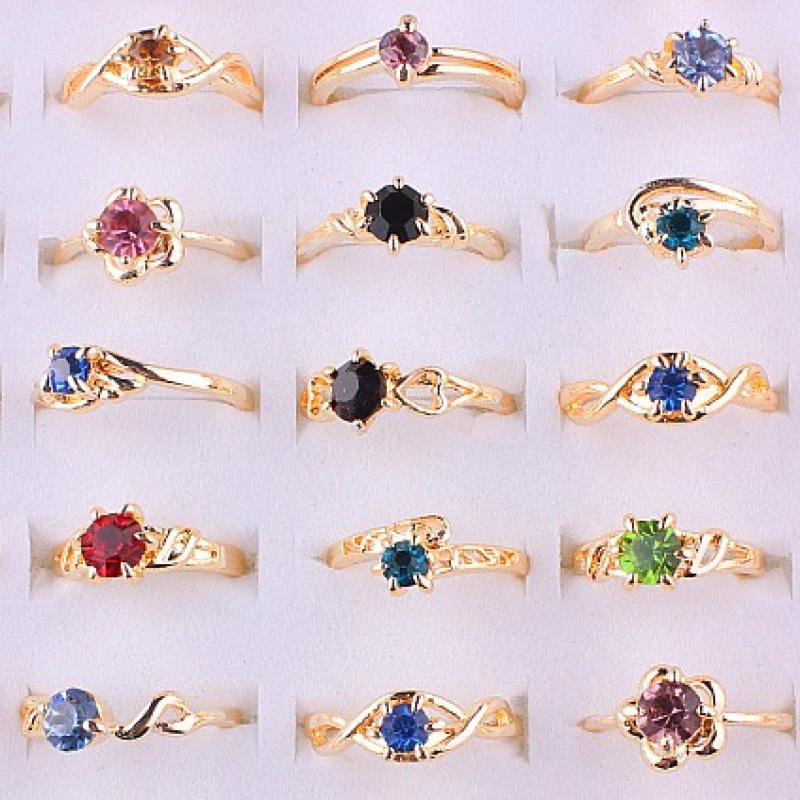 QianBei Wholesale 50pcs/Set New Female Crystal Rhinestone Golden Color Women Rings Engagement Wedding Jewelry