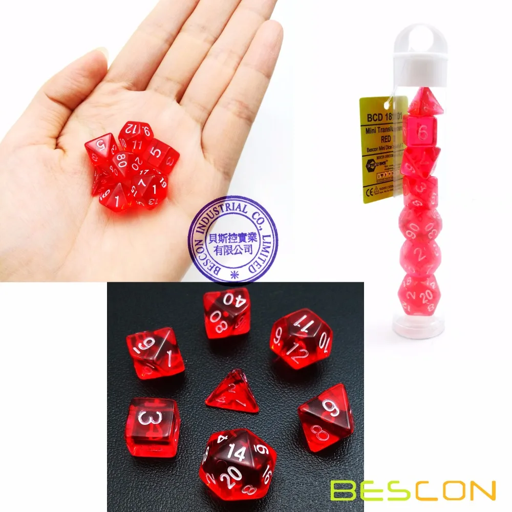 

Bescon Mini Translucent Polyhedral RPG Dice Set 10MM, Small RPG Role Playing Game Dice Set D4-D20 in Tube, Transparent Red