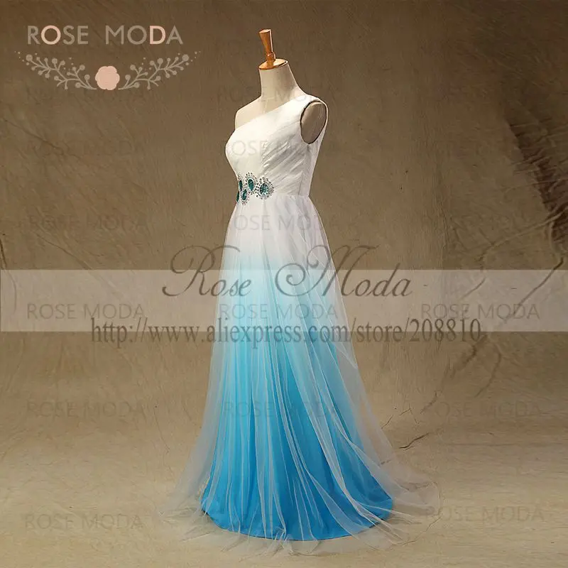 Rose Moda One Shoulder Blue Ombre Bridesmaid Dress Real Photos Custom Made