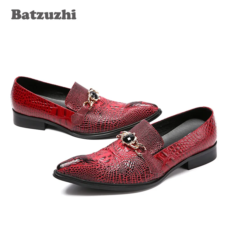 Batzuzhi Italian Style Fashion Men's Leather Shoes Wine Red Crocodile Skin Pattern Leather Dress Shoes Men Pointed Toe, EU38-46