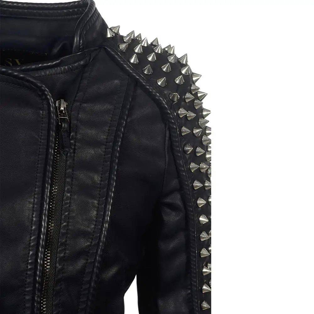 SX Punk Rivet faux leather PU Jacket Women fashion Winter Autumn Motorcycle Jacket Black Windbreak Coat Outerwear