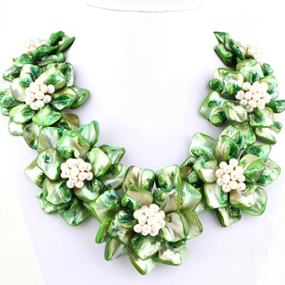 

18 inches Natural Leather Cord Green Flower Shaped Shell & White Rice Handmade Women Gift Pearl Necklace