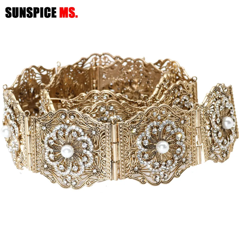 Sunspicems Antique Gold Color Metal Women Belt Chain Full Rhinestones Artificial Pearl Adjustable Length Morocco Caftan Belt