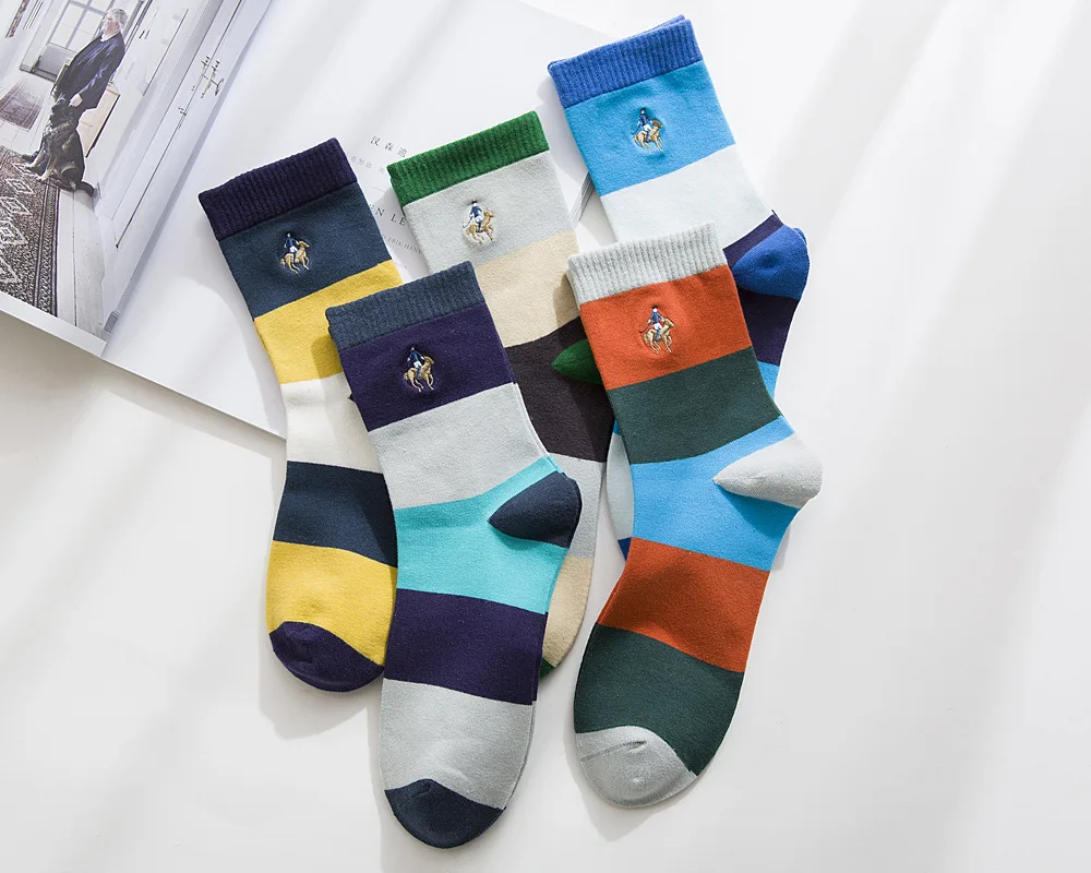 5 Pair New standard size 39-44 casual cotton socks high quality men colorful polo socks Business Brand Men\'s Socks Dress