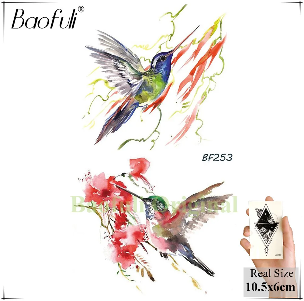 BAOFULI Watercolor Hummingbird Branch Temporary Tattoo Sticker Women Body Art Tatoos Waterproof Arm Neck Flash Fake Tattoo Paper