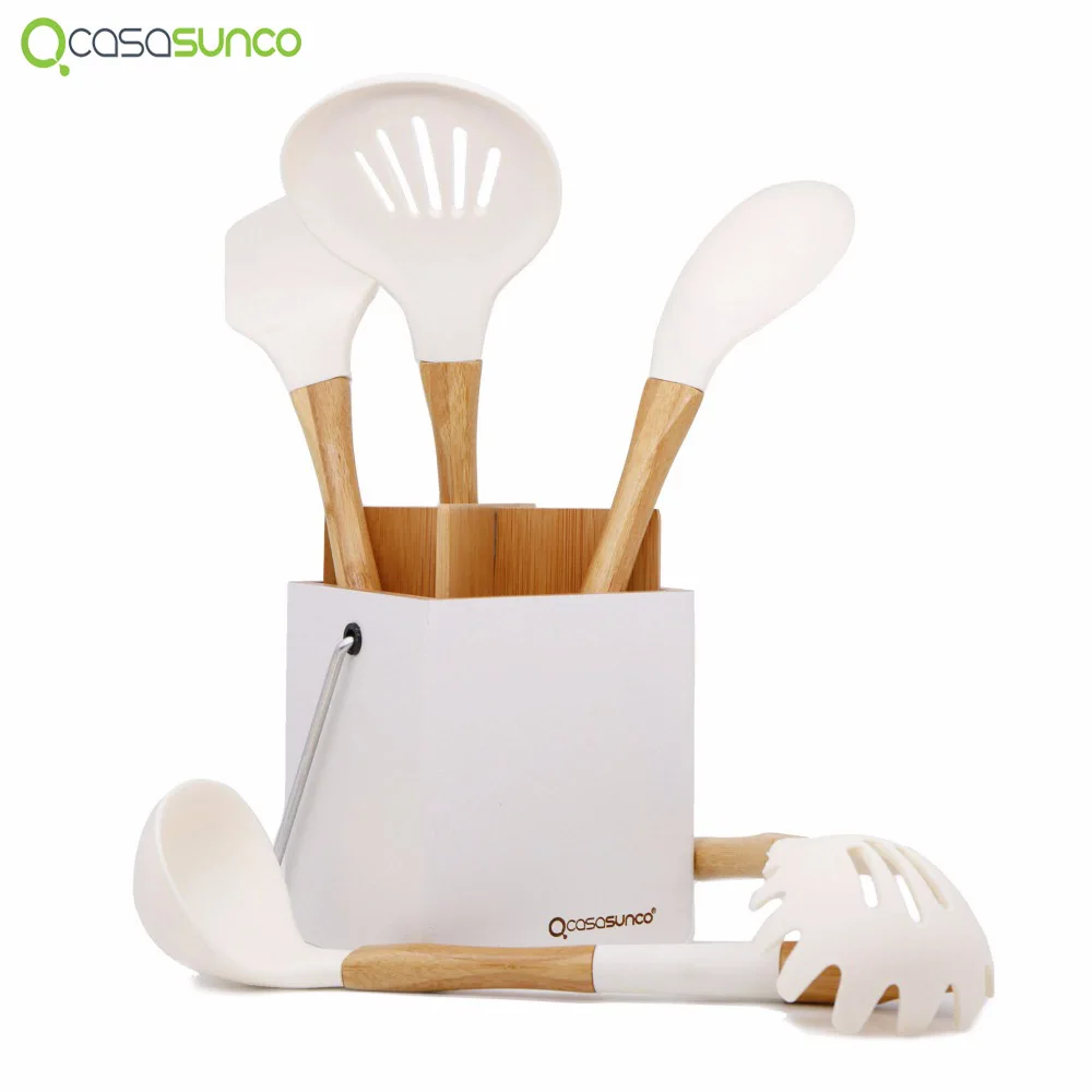 Silicone Cooking Kitchen Set With Holder Natural Beech Wood Heat-Resistant Non-Stick Kitchen Accessories Set Turner -CASASUNCO