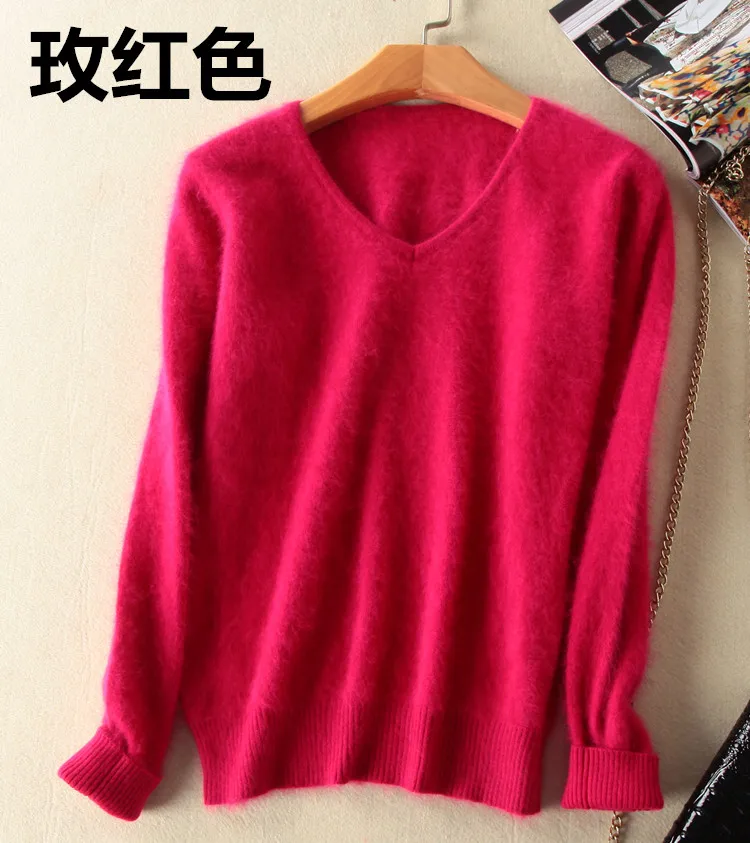2023 Autumn Winter Women\'s V-neck 100% Mink Cashmere Sweaters And Pullover Soft Warm Sweaters Female Knitted Basic Sweater