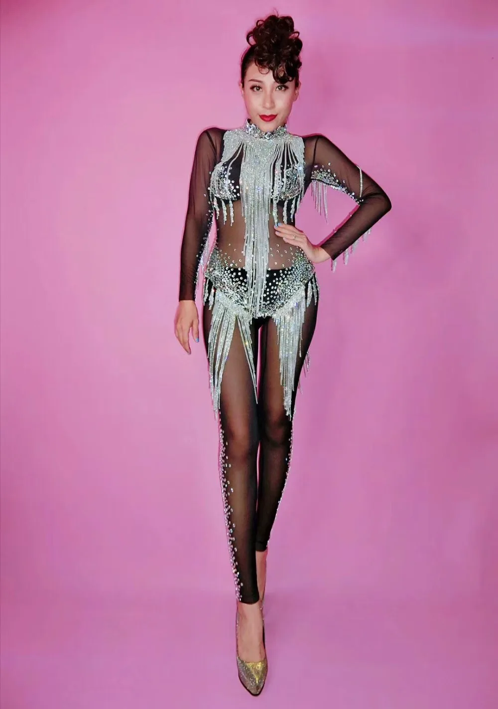 Crystals Black Mesh Jumpsuit Bright Silver Rhinestones Tassel Bodysuit Women\'s Celebrate Luxurious Costume See Through Jumpsuit