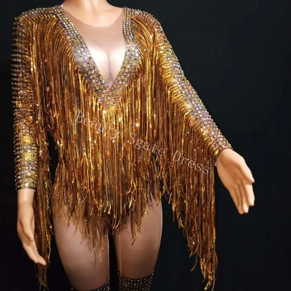 Bright Gold Rhinestones Tassel Spandex Jumpsuit Women Dance Birthday Celebrate Bar Big Stretch Jumpsuit Singer Costume Outfit