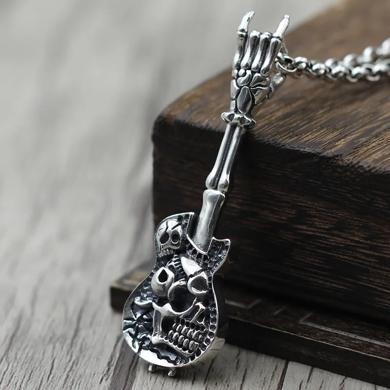 guitar all-match silver skeleton personality Necklace Pendant in S925 Sterling Silver old men and women unique Pendant