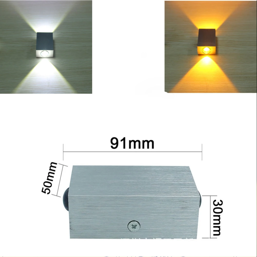 Modern 2W LED Wall Lamp Square Spot Light Aluminm AC110V-260V Up Down Home Decoration Light For Bedroom/Dinning Room/Restroom