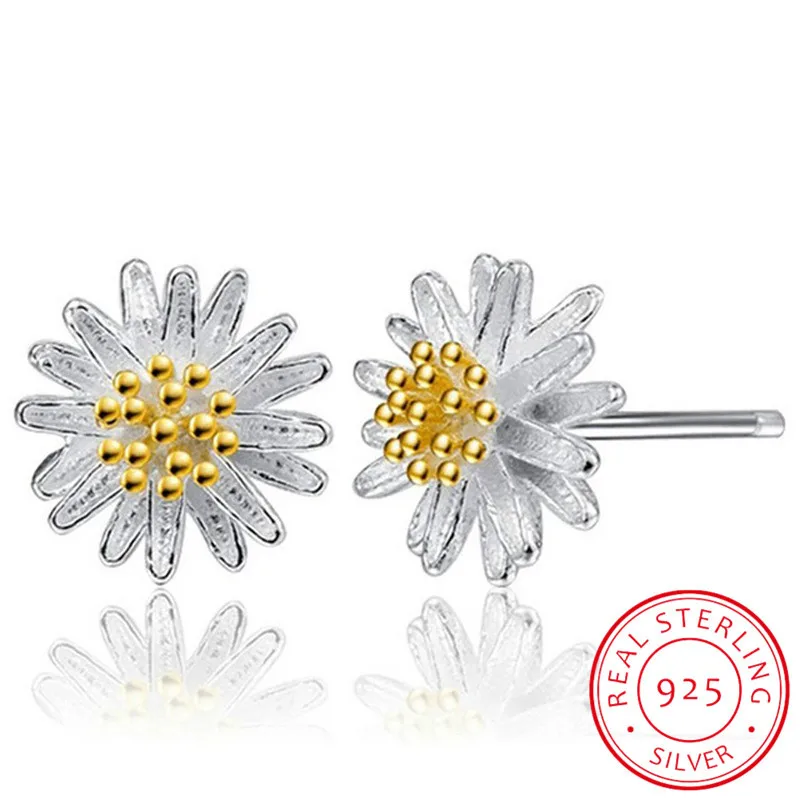 

2019 Sweet Cute Simple Zircon Daisy Flower Sunflower 925 Silver Stud Earrings For Women Girls Charm Statement Jewelry Gift