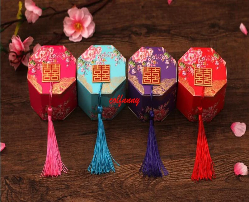 

100pcs/lot Fast Shipping New Chineses Double Happiness Candy Box Party Favor Packing Chocolate Packaging With Tassels F061503