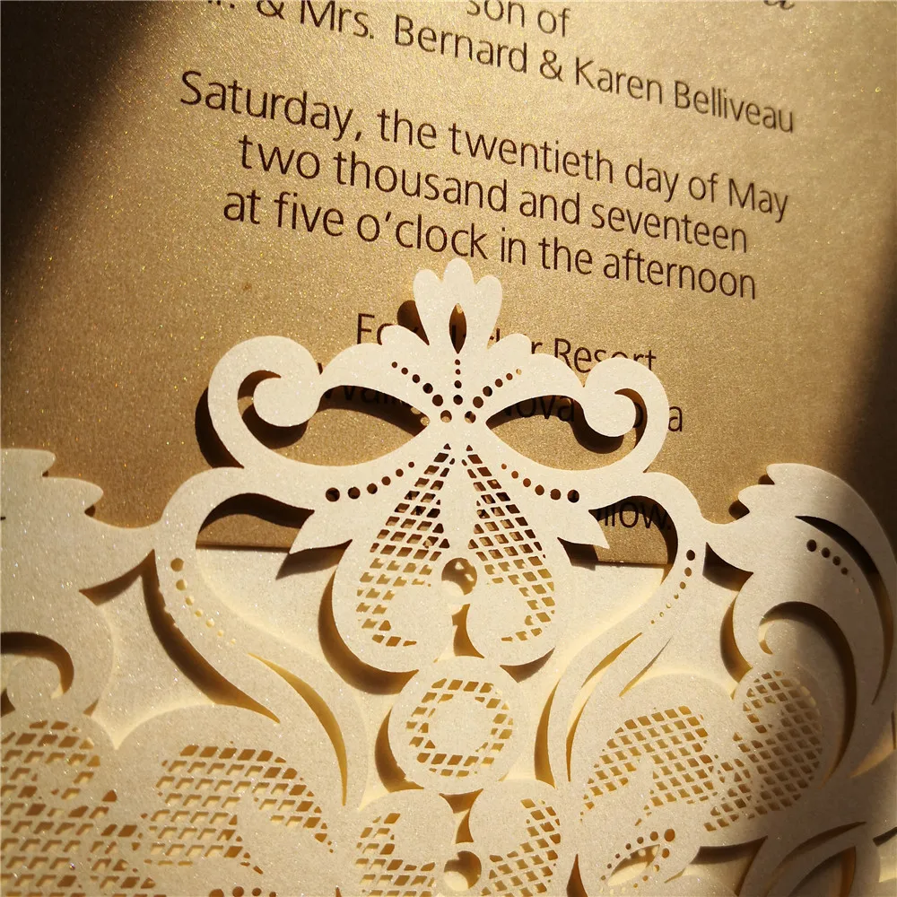 50pcs/set  free envelop and free seal Elegant Flora Design with  laser cut invitation Ivory laser cut with gold insert