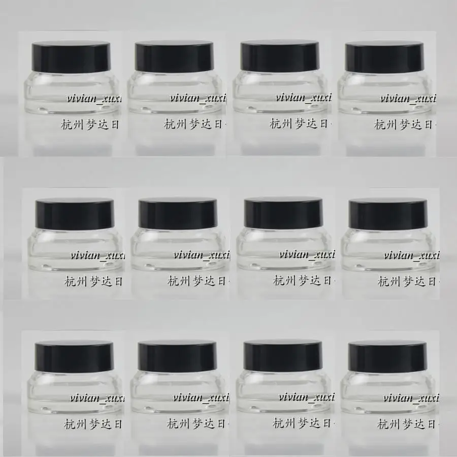 

30PCS 15g clear glass cream jar with black plastic lid, empty 15 grams cosmetic jar for eye cream,15g mini glass bottle