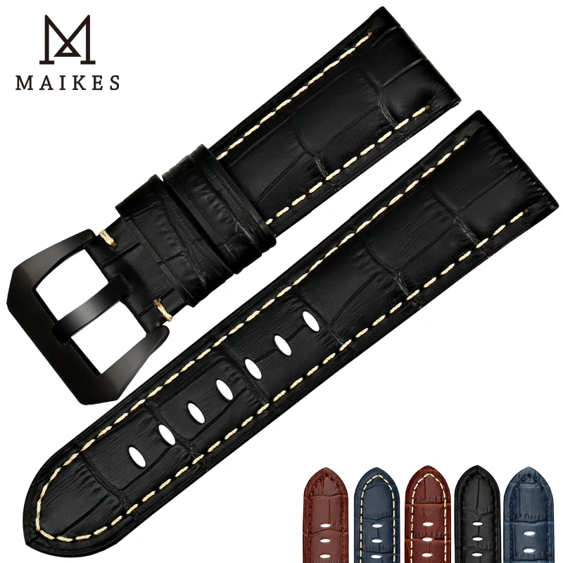 MAIKES New design watchbands 22 24 26mm watch accessories bracelet genuine leather strap watch band black buckle for Panerai