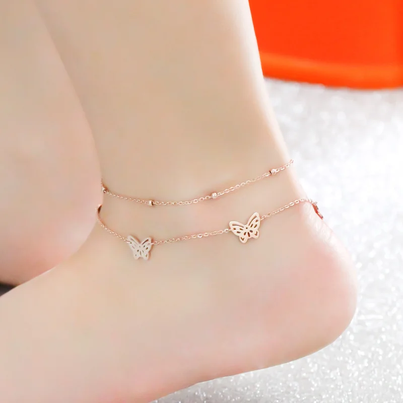 Butterfly 2-Layer Anklet for Women Rose Gold Color Titanium Steel Fashion 316L Stainless Charm Jewelry (GA107)