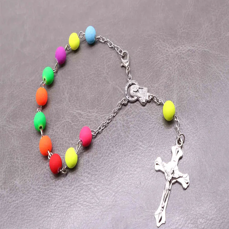 

8 Rosary Colorful Charm Bracelet Rosary New Ladies Beaded Bracelet with Cross, Jesus Pendant Catholic Religious Bracelet.48pcs