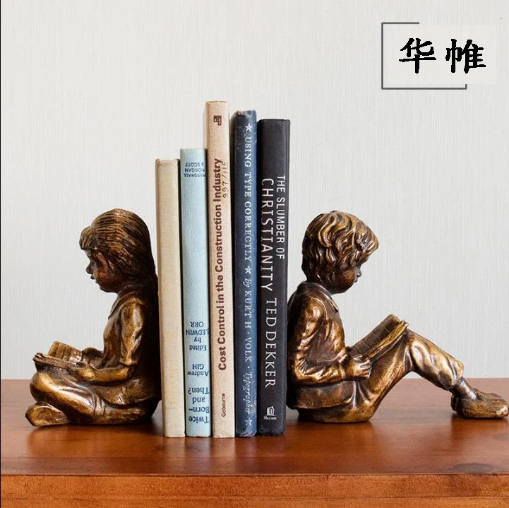 

Vintage creative book stall ornaments abstract boy girl resin sculpture imitation bronze figures statue home decoration crafts