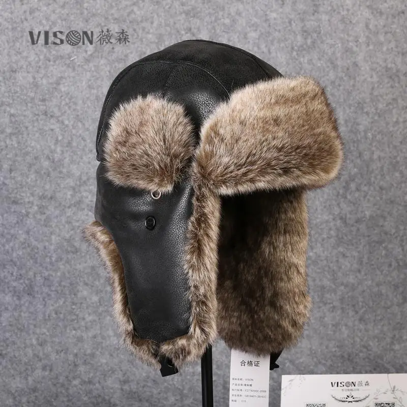 Men Fur Leather Hat for Winter Imitation Leather Fur Hat with Pom Ear Protect Bomber Hats Russian Ushanka Cap Leifeng Hat B-8431